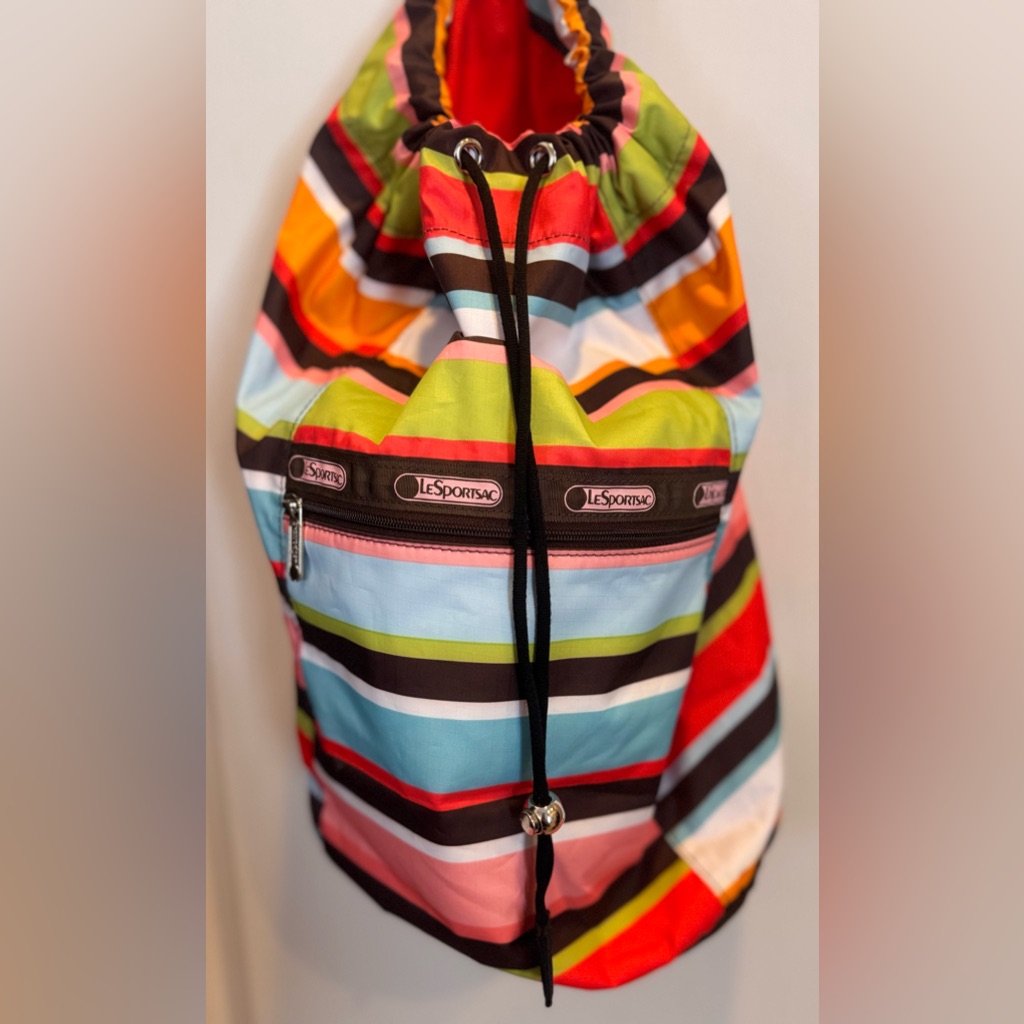 Vintage Lesportsac Reversible Drawstring Duffle Tote Bag Adjustable Strap Multi